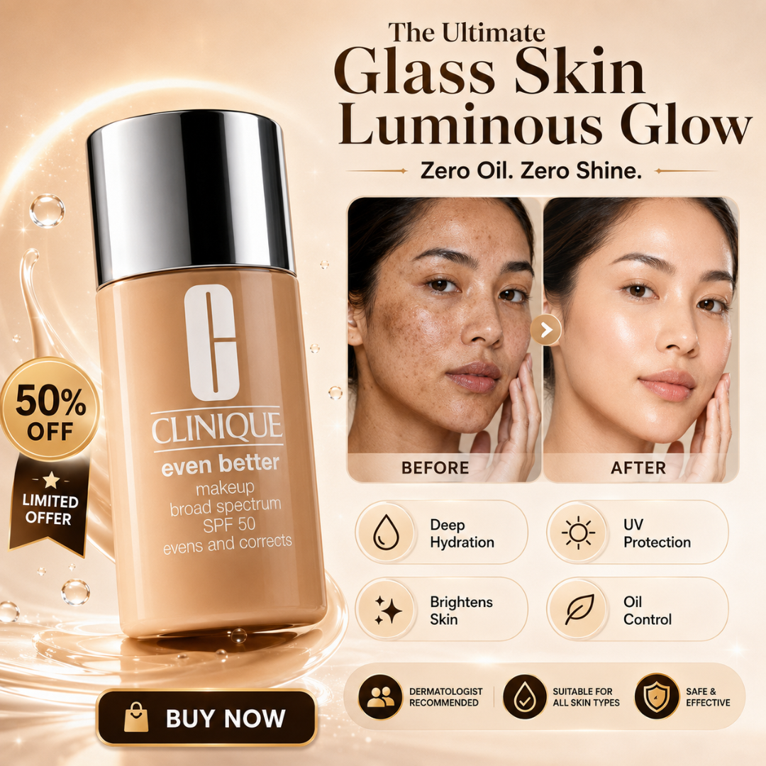 Clinique Even Better Makeup Broad Spectrum SPF 50 – The Ultimate Glass Skin Luminous Glow – Zero Oil, Zero Shine – Evens, Corrects & Brightens – Deep Hydration, UV Protection & Oil Control