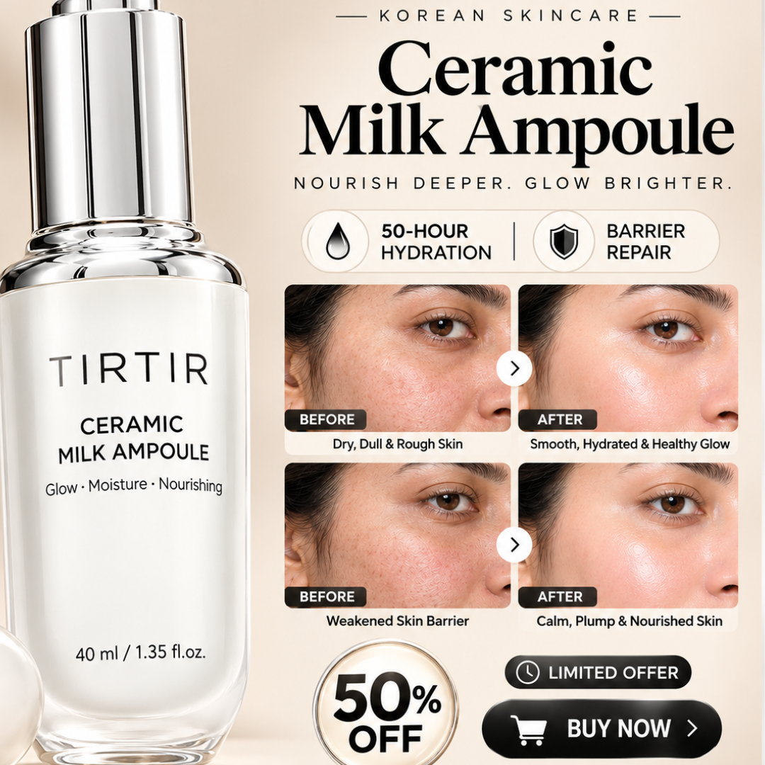 TIRTIR Ceramic Milk Ampoule – 3-in-1 Glow, Moisture & Nourishing Face Serum – 50-Hour Hydration & Barrier Repair