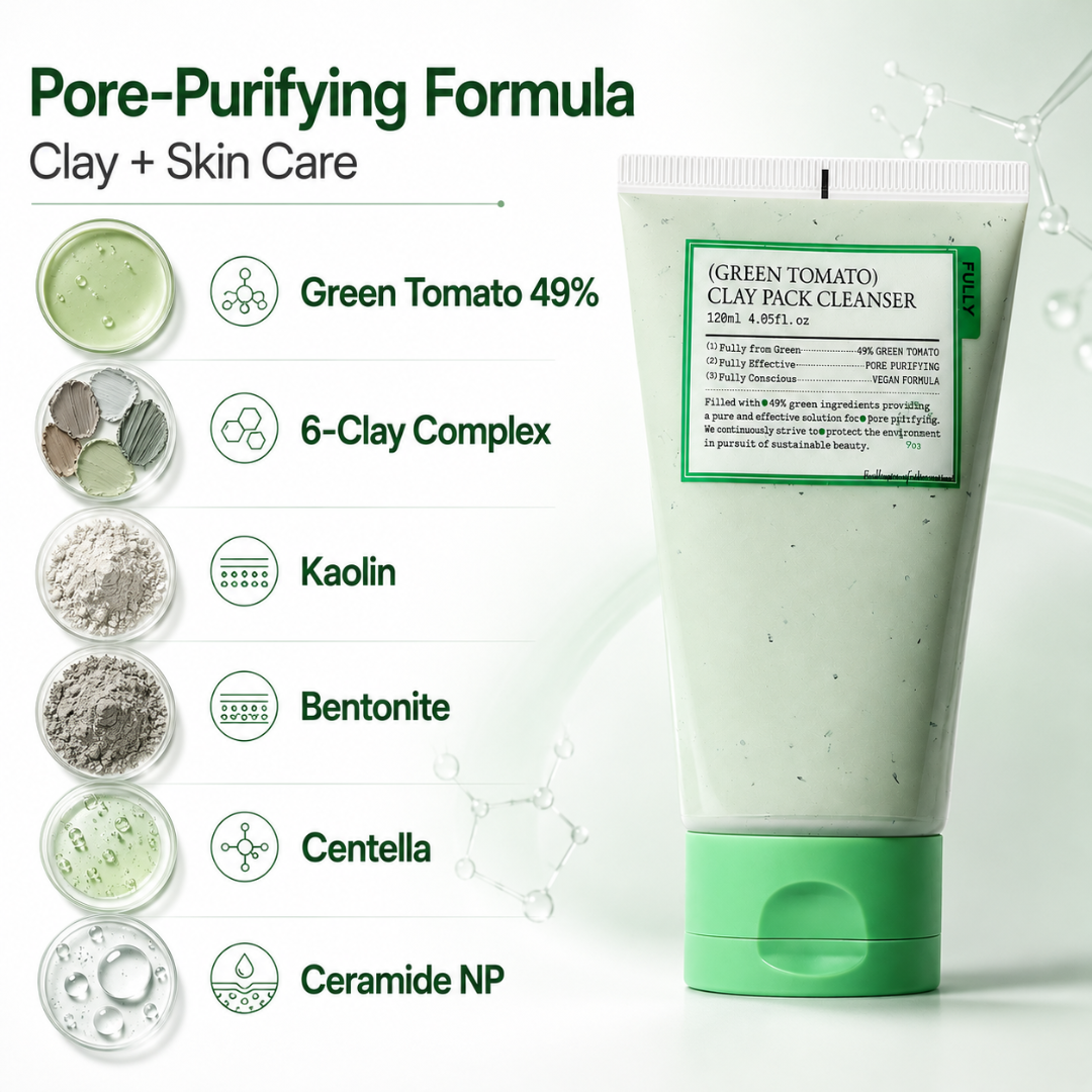 Green Tomato Clay Pack Cleanser – 2-in-1 Mask + Cleanser – Pore Purifying, Oil Control & Blackhead Care – For Enlarged Pores, Oily Skin & Uneven Texture – 120ml