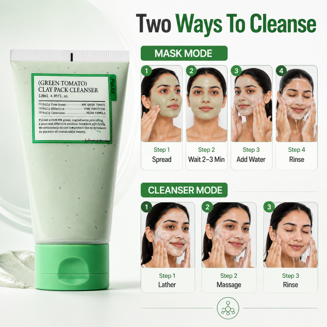 Green Tomato Clay Pack Cleanser – 2-in-1 Mask + Cleanser – Pore Purifying, Oil Control & Blackhead Care – For Enlarged Pores, Oily Skin & Uneven Texture – 120ml