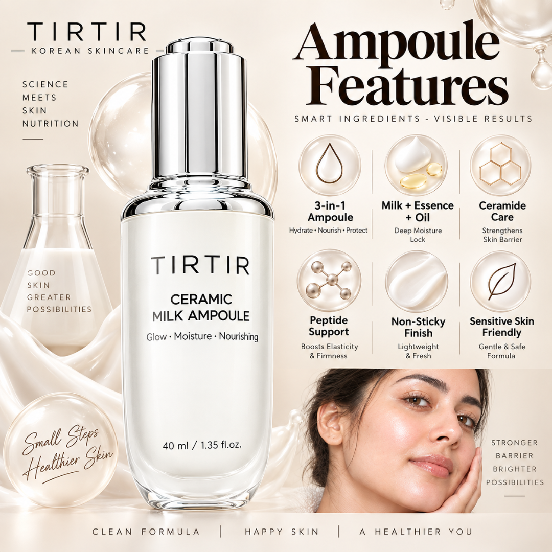 TIRTIR Ceramic Milk Ampoule – 3-in-1 Glow, Moisture & Nourishing Face Serum – 50-Hour Hydration & Barrier Repair