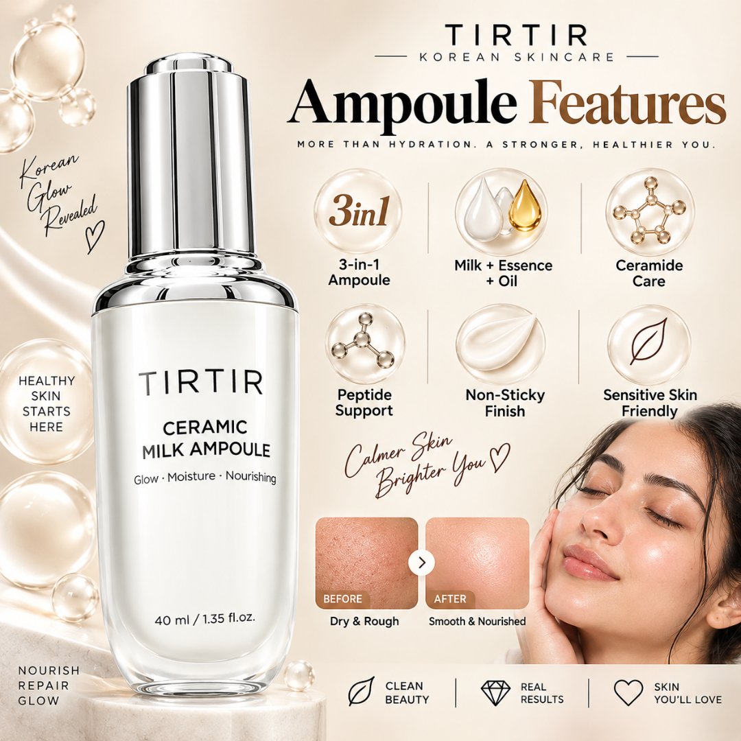 TIRTIR Ceramic Milk Ampoule – 3-in-1 Glow, Moisture & Nourishing Face Serum – 50-Hour Hydration & Barrier Repair
