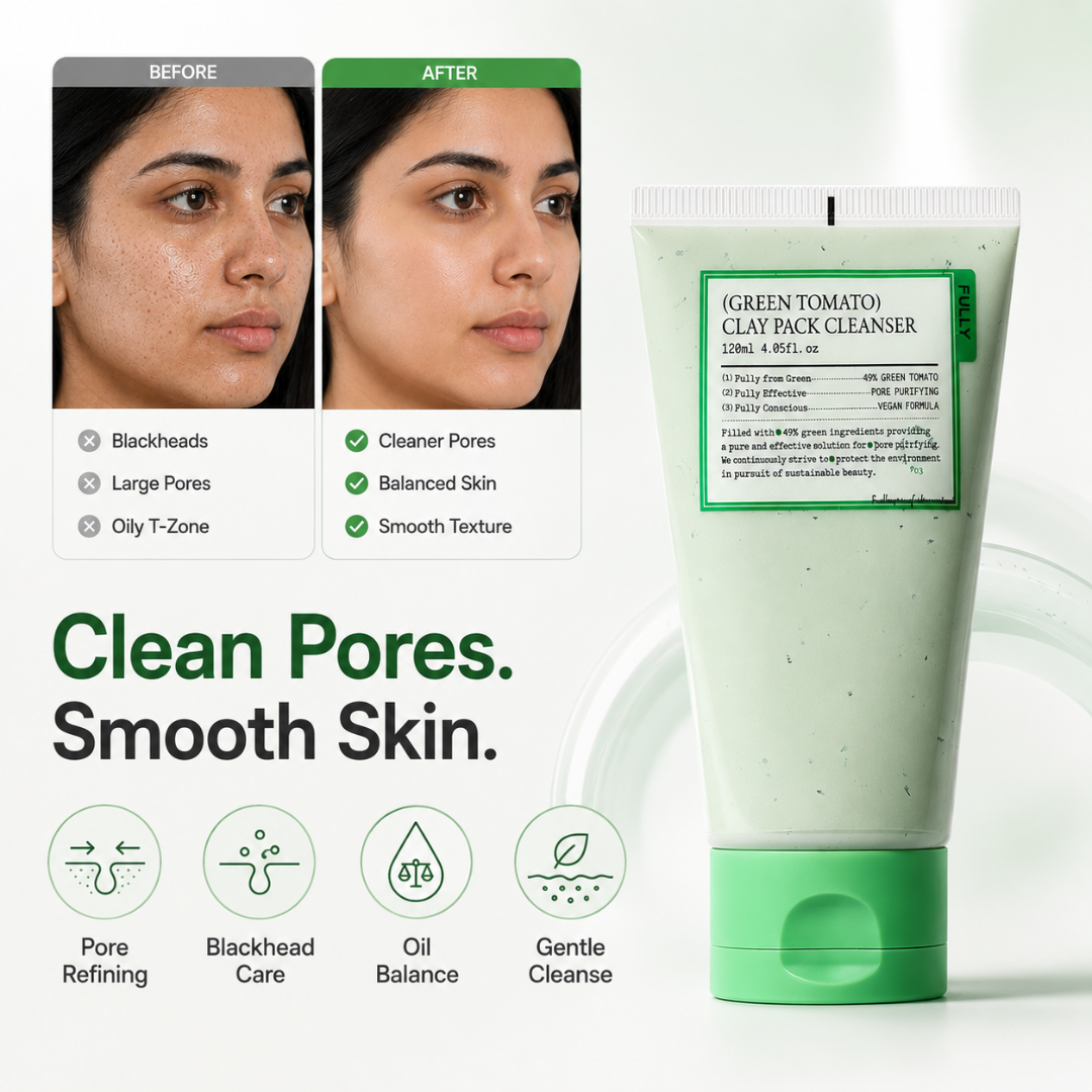 Green Tomato Clay Pack Cleanser – 2-in-1 Mask + Cleanser – Pore Purifying, Oil Control & Blackhead Care – For Enlarged Pores, Oily Skin & Uneven Texture – 120ml