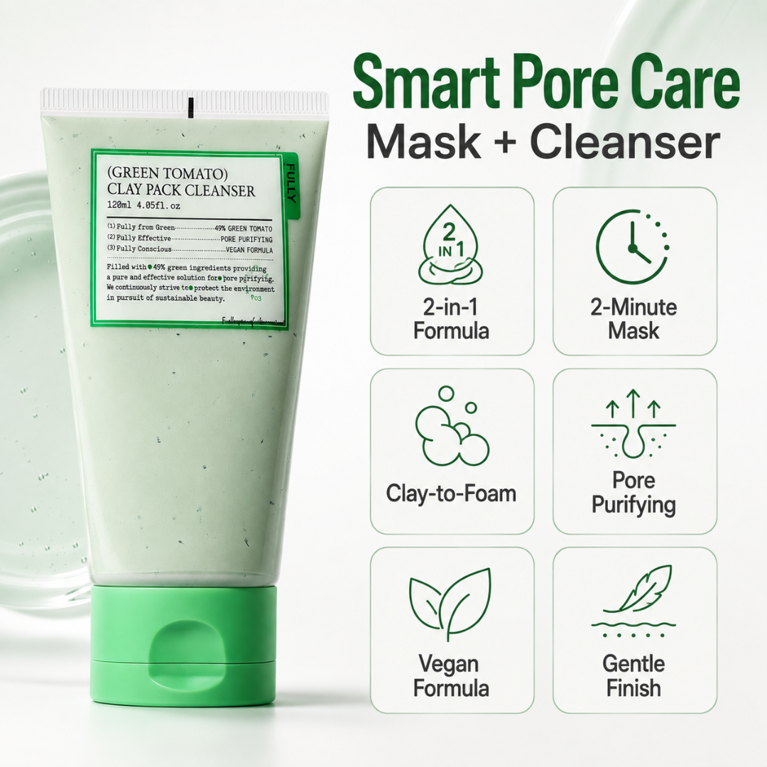 Green Tomato Clay Pack Cleanser – 2-in-1 Mask + Cleanser – Pore Purifying, Oil Control & Blackhead Care – For Enlarged Pores, Oily Skin & Uneven Texture – 120ml
