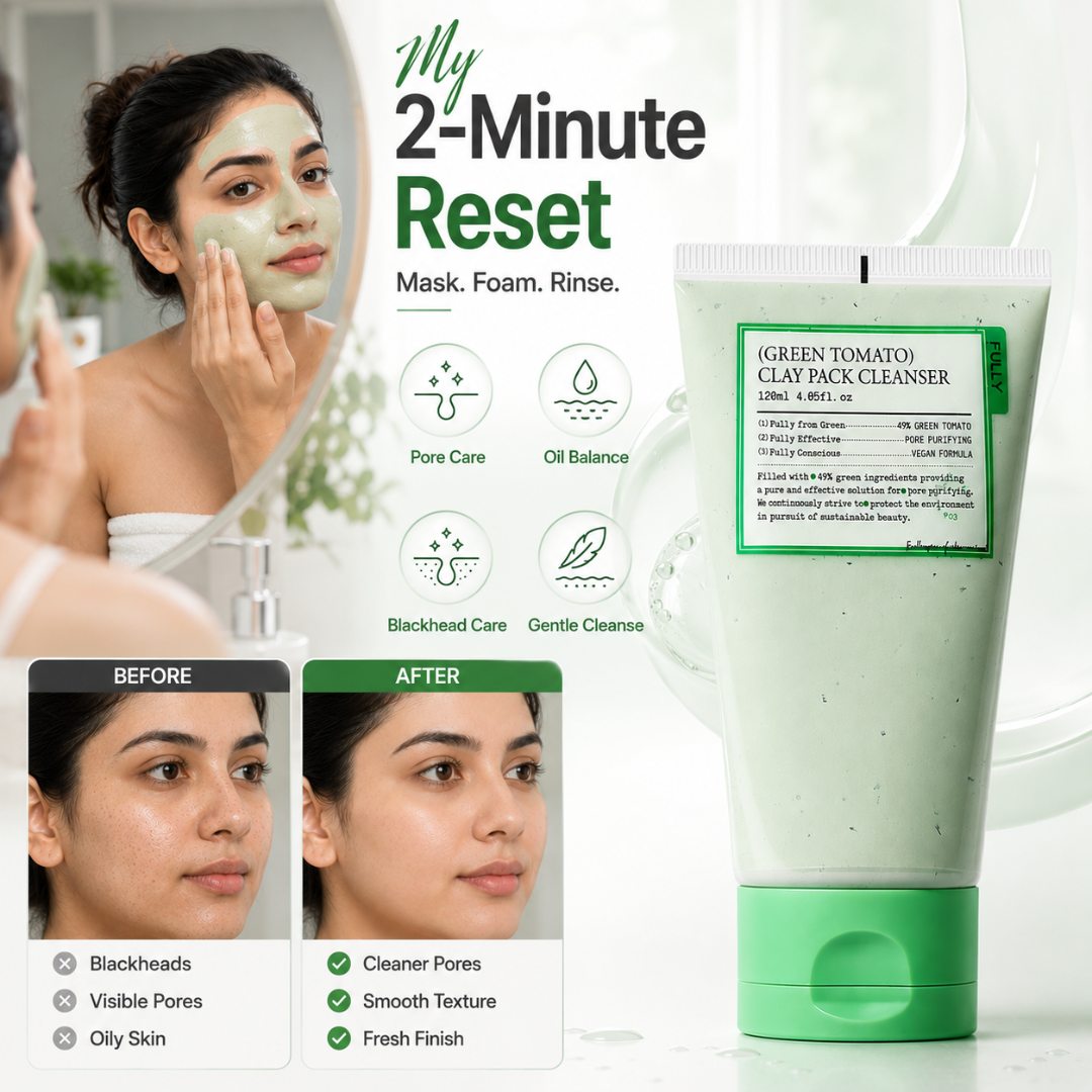 Green Tomato Clay Pack Cleanser – 2-in-1 Mask + Cleanser – Pore Purifying, Oil Control & Blackhead Care – For Enlarged Pores, Oily Skin & Uneven Texture – 120ml